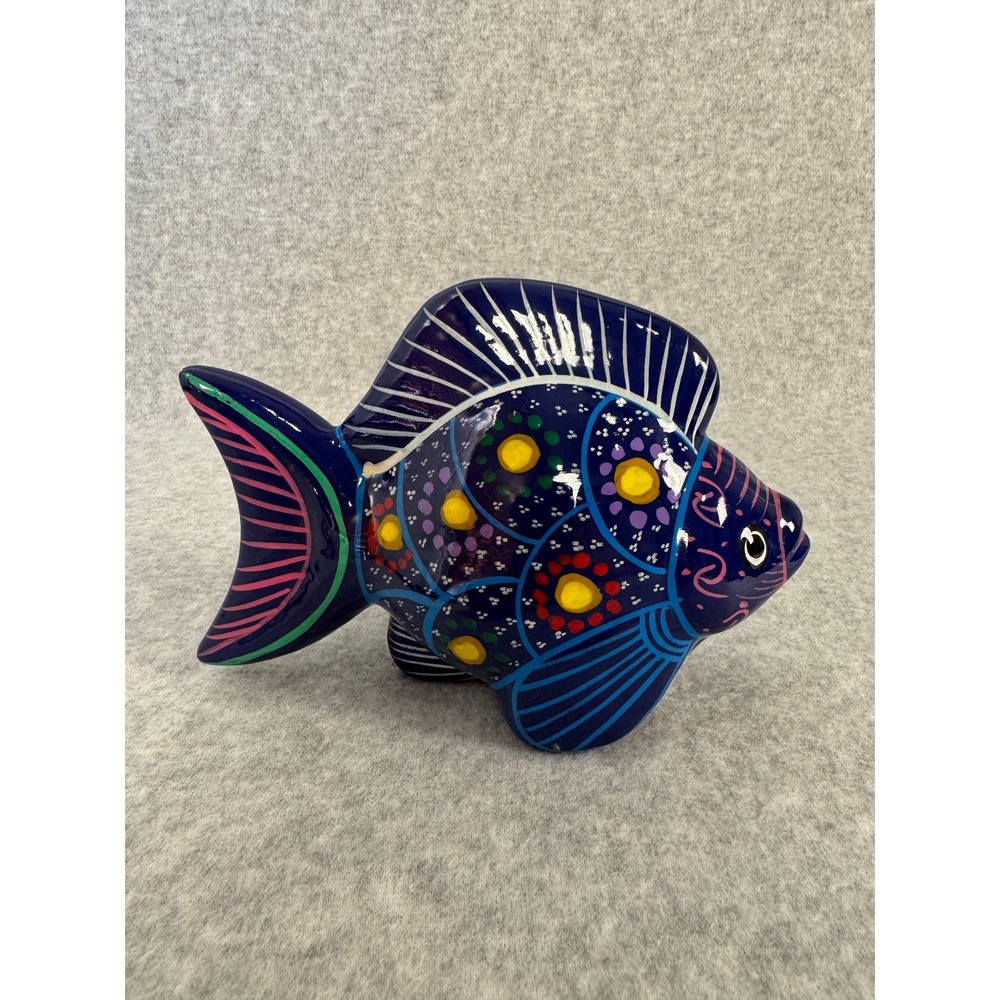 Mexican Pottery Fish Sculpture Hand Painted Terra Cotta Folk Art Cobalt Blue - Picture 1 of 8